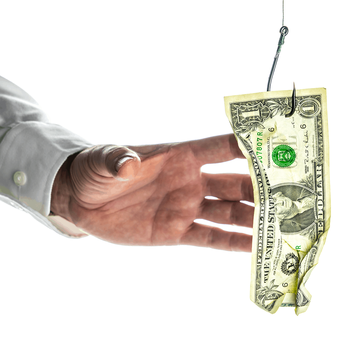 Man grabbing for a dollar bill on a fish hook