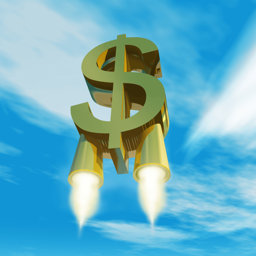 Cash symbol beaming like a rocket to the sky